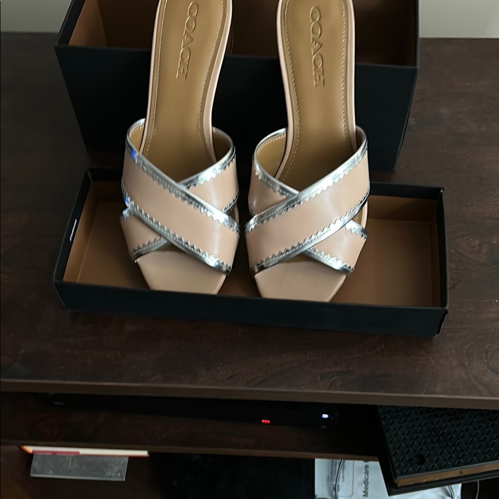 Coach Nude Leather Heeled Slides with Silver Trim